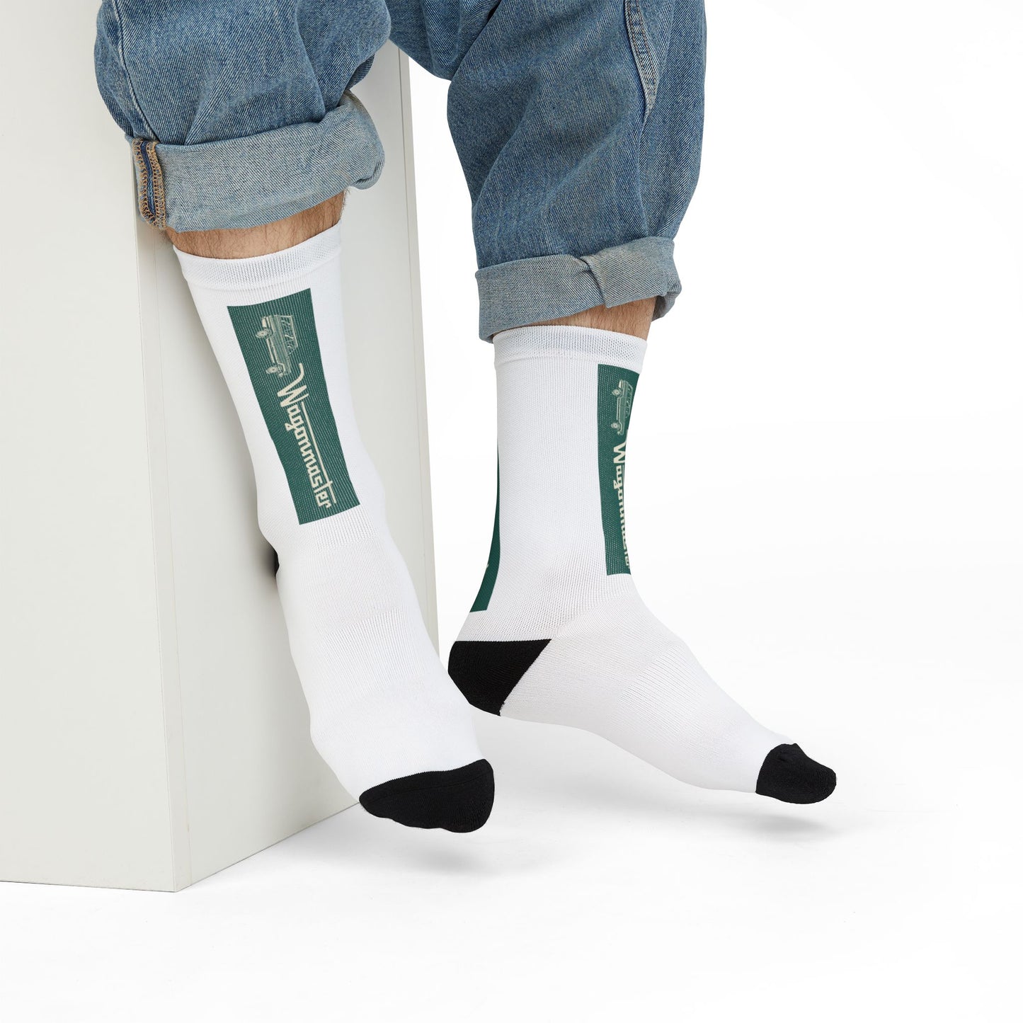 Custom Logo Sublimation Crew Socks — Vertical Green Stripe Design