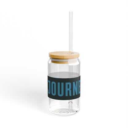 16oz Glass Sipper with Bamboo Lid — 'Journey On' Travel-Ready Straw Tumbler - Blue