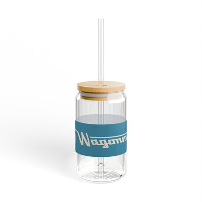 16oz Glass Sipper with Bamboo Lid — 'Wagonmaster' Travel-Ready Straw Tumbler - Blue