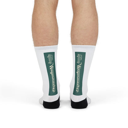 Custom Logo Sublimation Crew Socks — Vertical Green Stripe Design