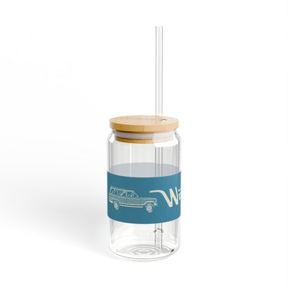 16oz Glass Sipper with Bamboo Lid — 'Wagonmaster' Travel-Ready Straw Tumbler - Blue