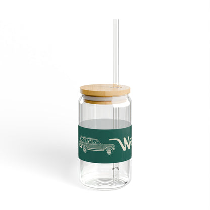 16oz Glass Sipper with Bamboo Lid — 'Wagonmaster' Travel-Ready Straw Tumbler - Green