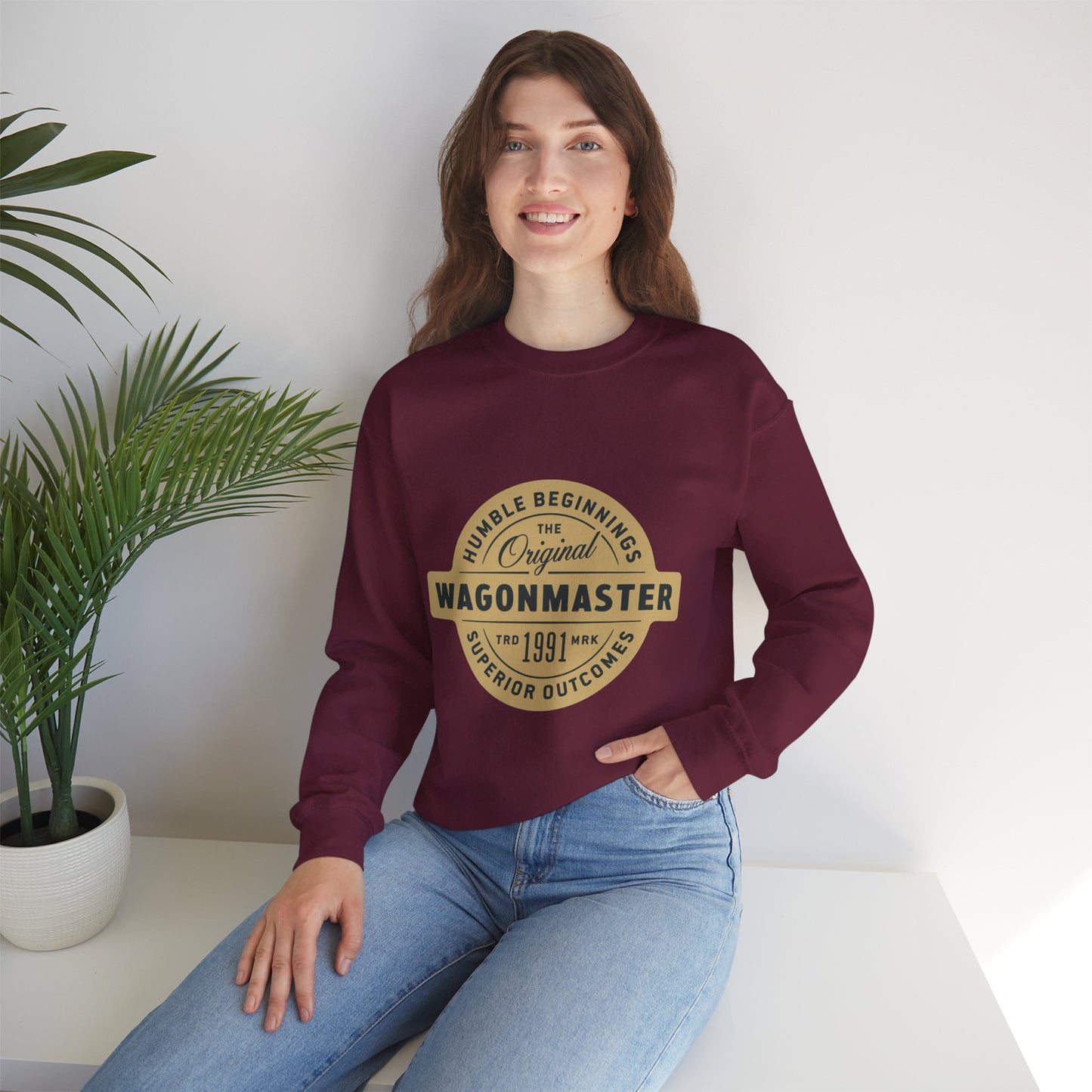 Wagonmaster Crewneck Sweatshirt - "Humble Beginnings, Superior Outcomes" Vintage Badge
