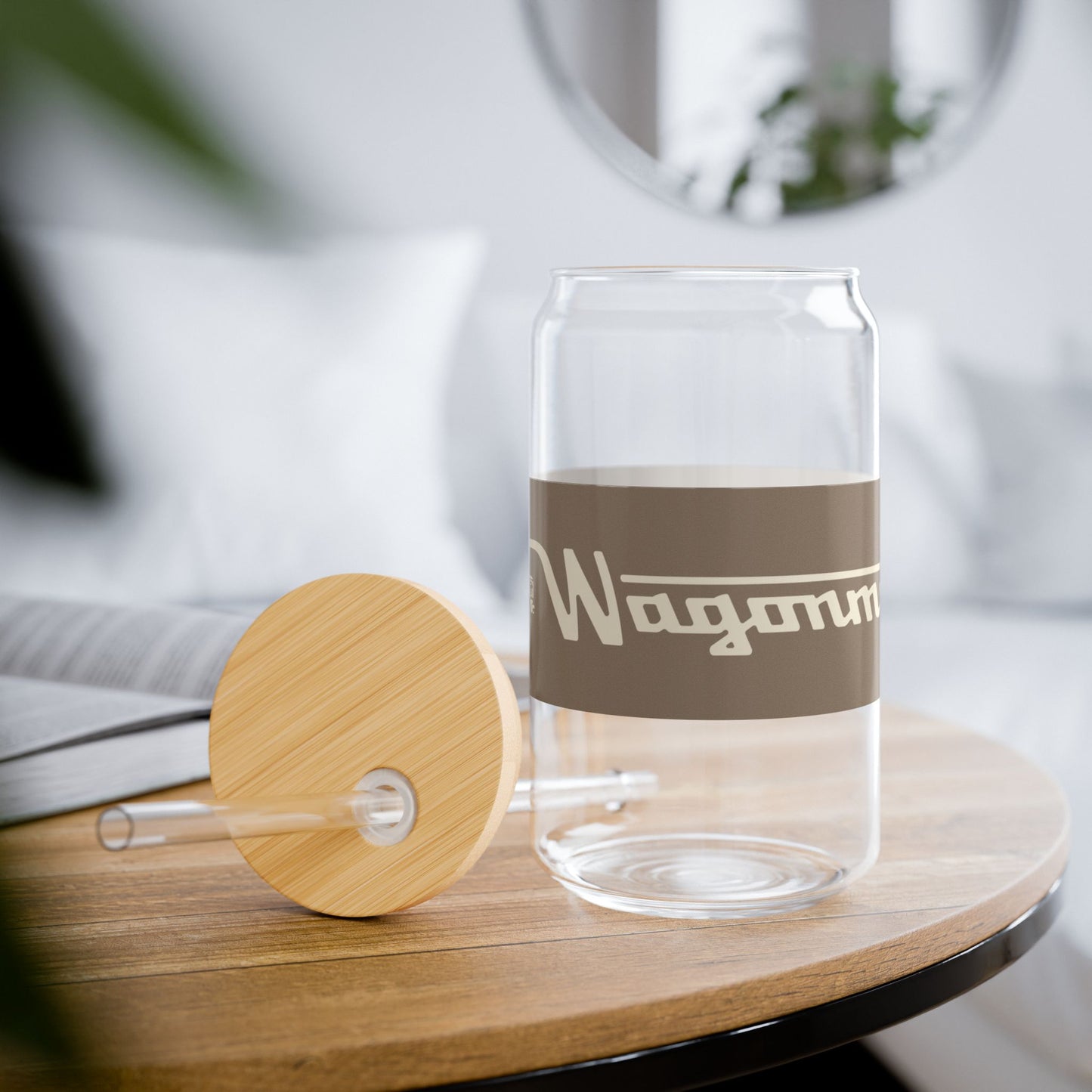 16oz Glass Sipper with Bamboo Lid — 'Wagonmaster' Travel-Ready Straw Tumbler - Tan