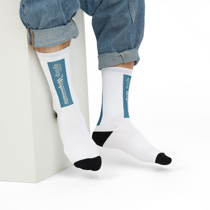 Custom Sublimation Crew Socks — Vertical Teal Logo Athletic Socks
