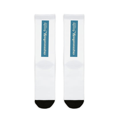 Custom Sublimation Crew Socks — Vertical Teal Logo Athletic Socks