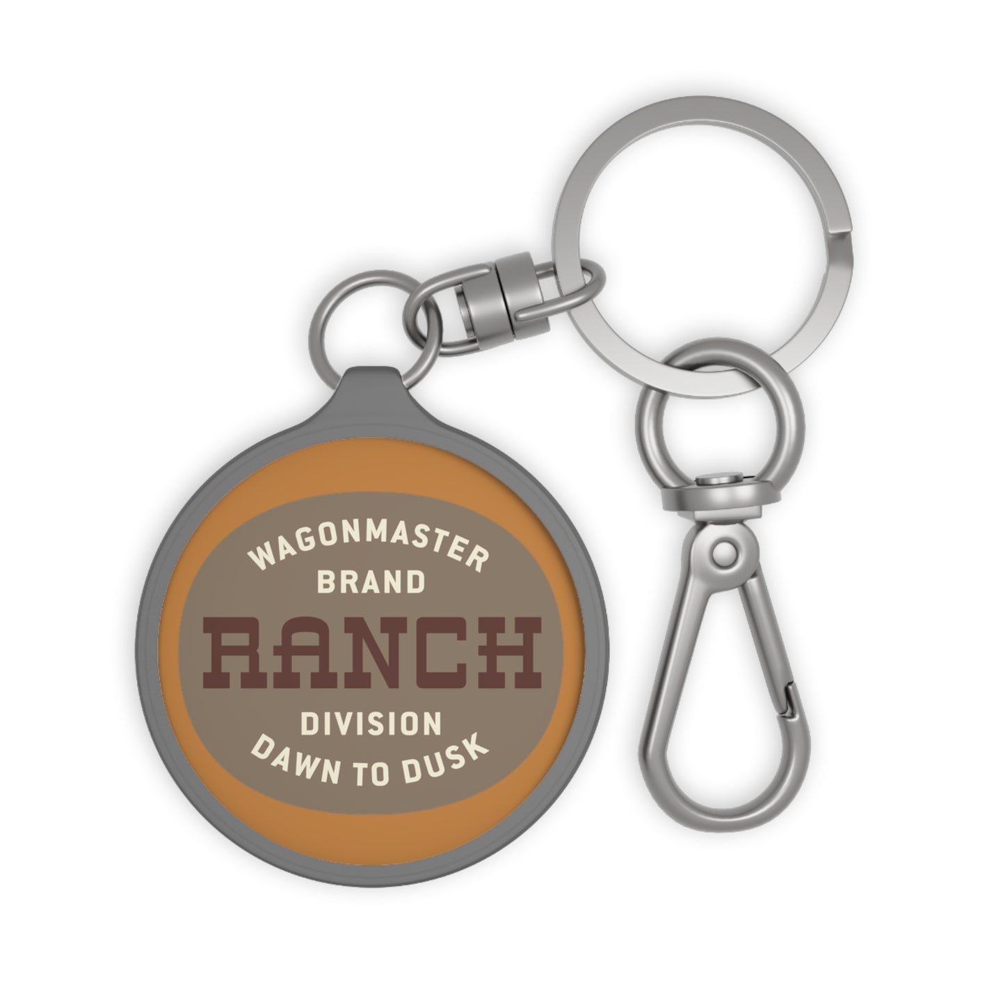 Ranch Logo Keyring Tag — 'Wagonmaster Brand: Ranch Division Dawn to Dusk' Metal Keychain