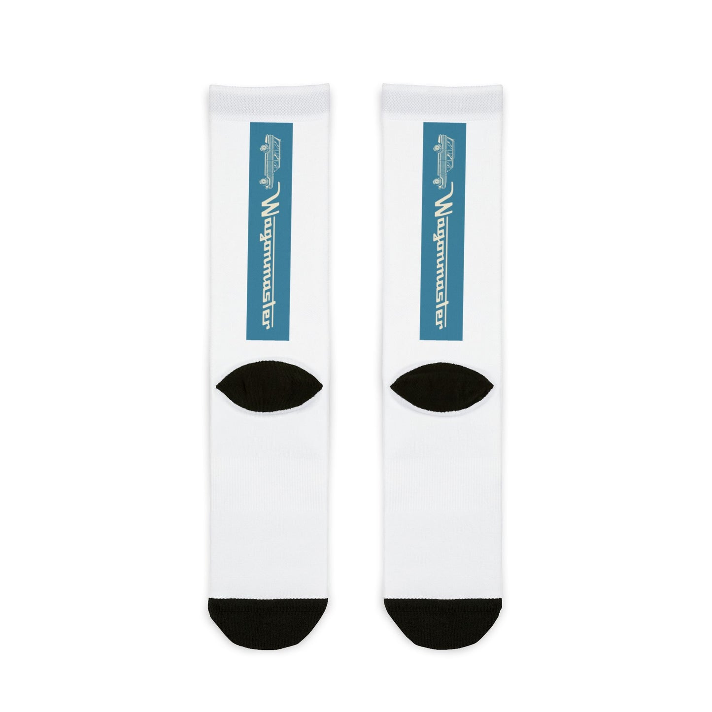 Custom Sublimation Crew Socks — Vertical Teal Logo Athletic Socks