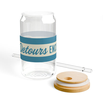 16oz Glass Sipper with Bamboo Lid — 'Detours Encouraged' Travel-Ready Straw Tumbler - Blue
