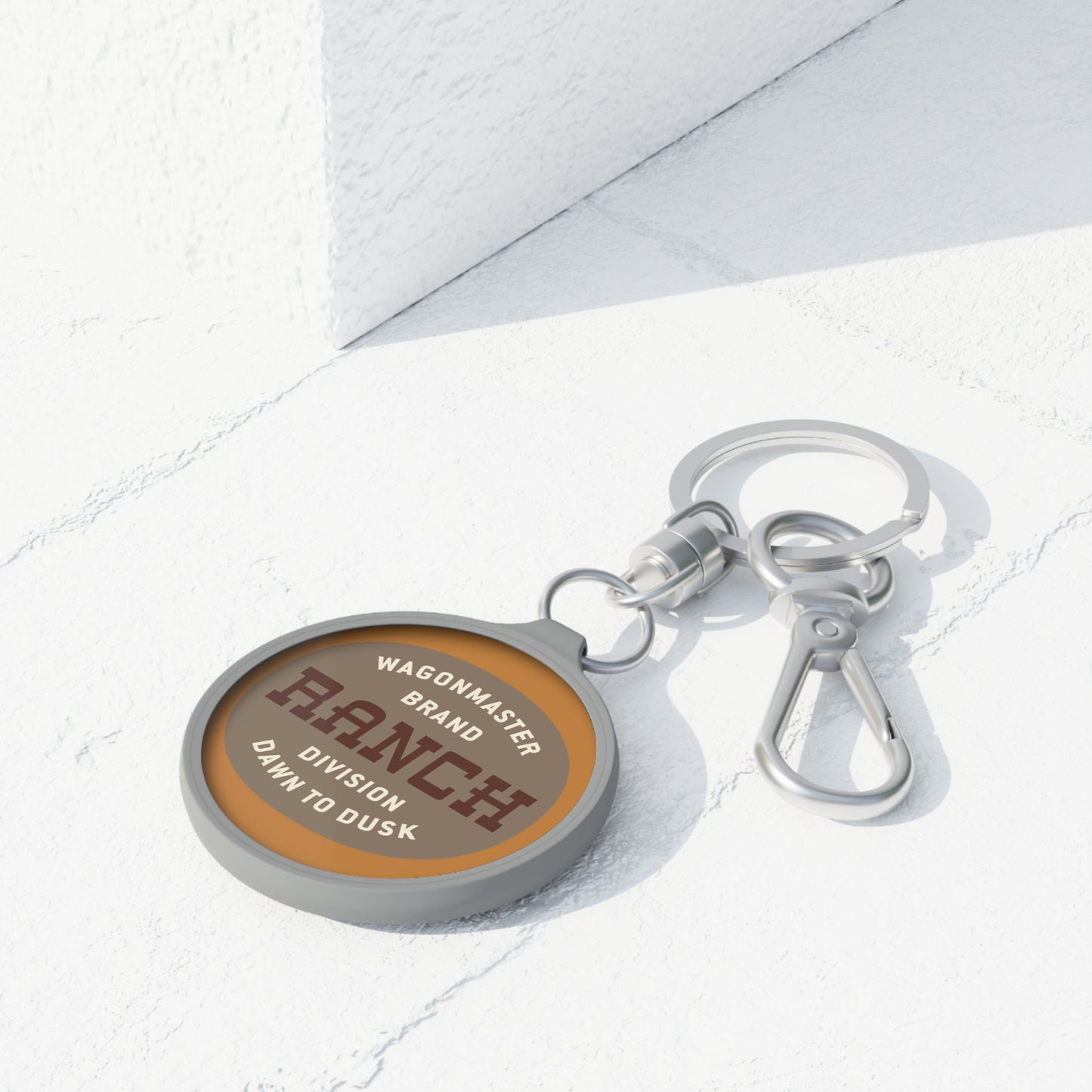 Ranch Logo Keyring Tag — 'Wagonmaster Brand: Ranch Division Dawn to Dusk' Metal Keychain