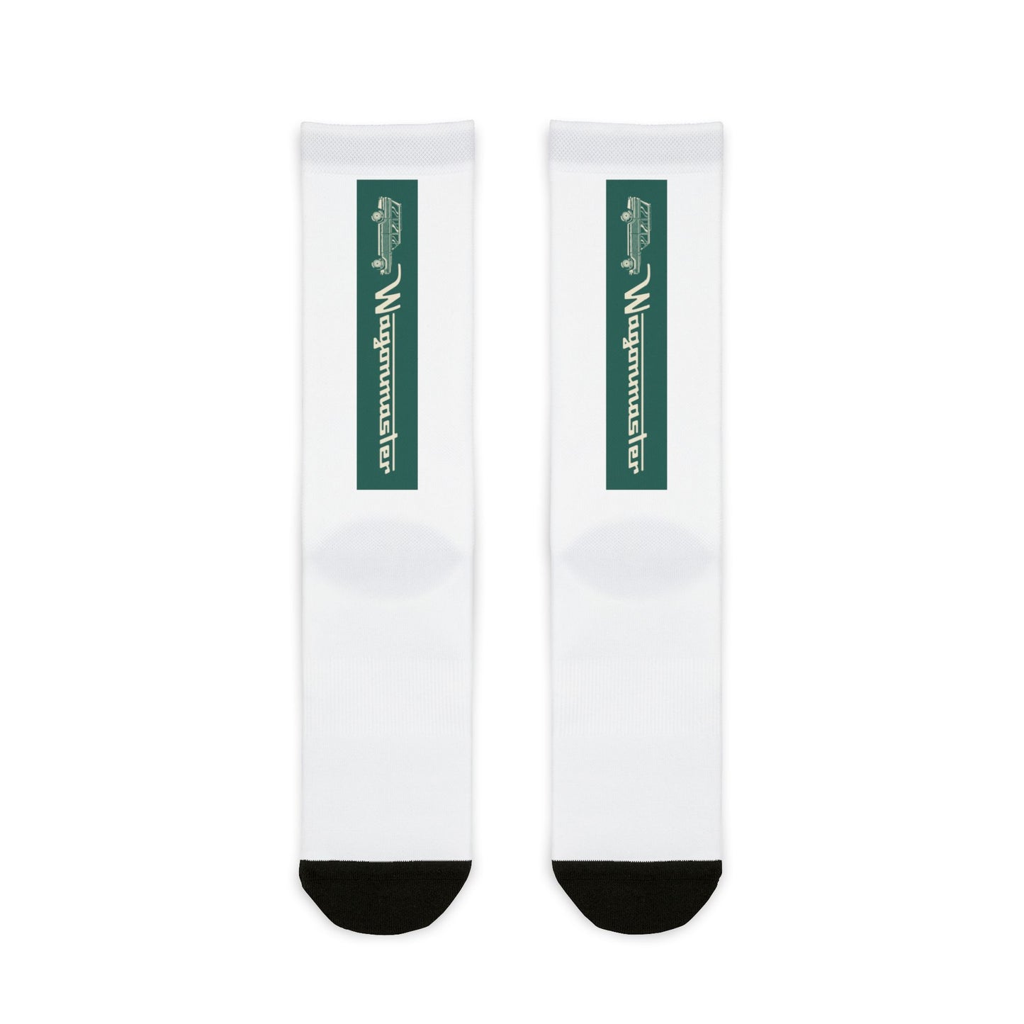 Custom Logo Sublimation Crew Socks — Vertical Green Stripe Design
